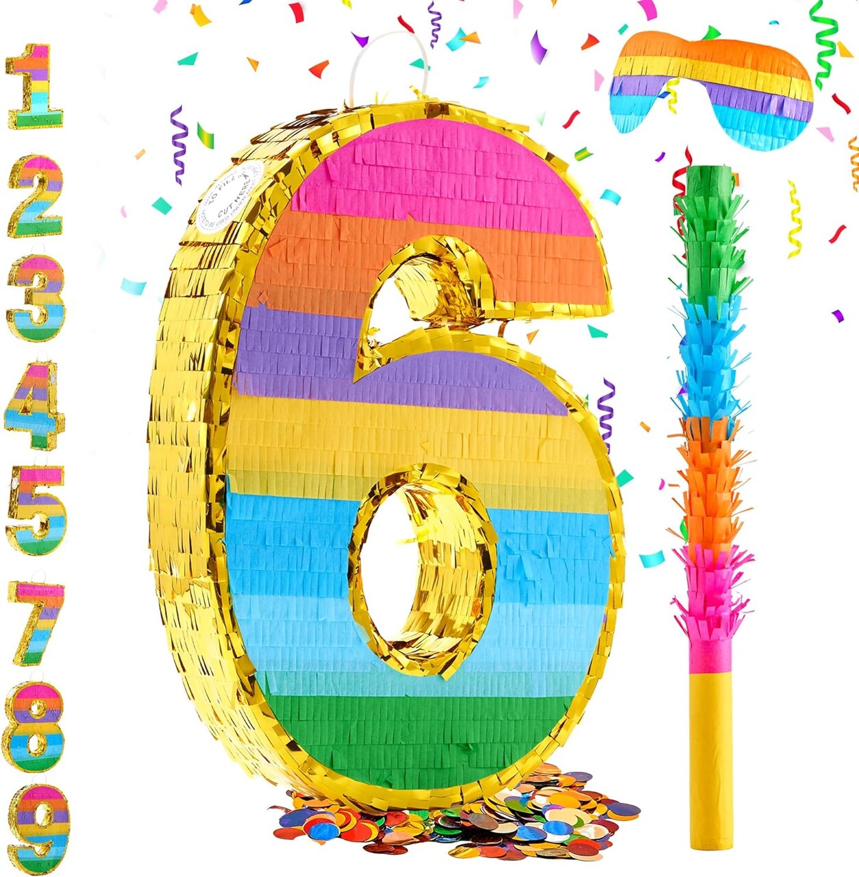 Rainbow Number 6 Pinata for 6th Birthday Party Decorations, Fiesta, Kids Anniversary Celebration, Birthday Pinata with Stick, Blindfold and Confetti (Small, 16.5 x 11.5 x 3 In)